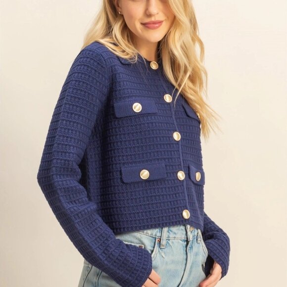 Eva Textured Knit Sweater Jacket with Gold Buttons | Women's Fall and Winter - Picture 6 of 7